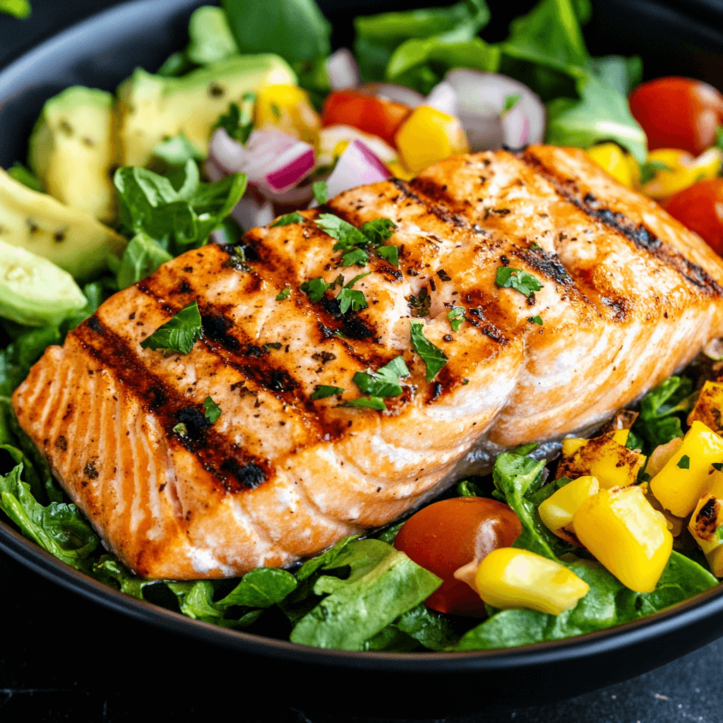 A fresh Grilled Salmon Salad Recipe with mixed greens, cherry tomatoes, avocado, and a light vinaigrette.