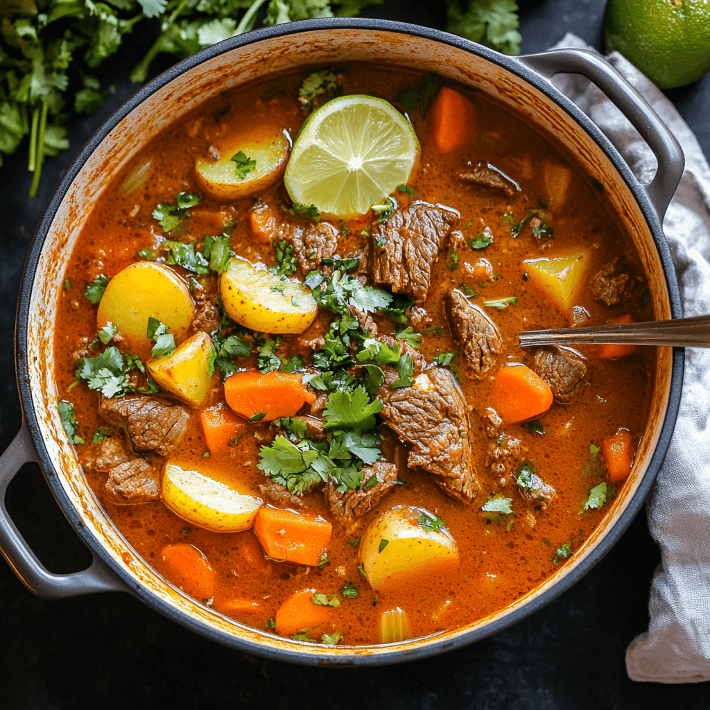 Mexican beef stew with tender beef, potatoes, carrots, and cilantro in a rich, spiced broth