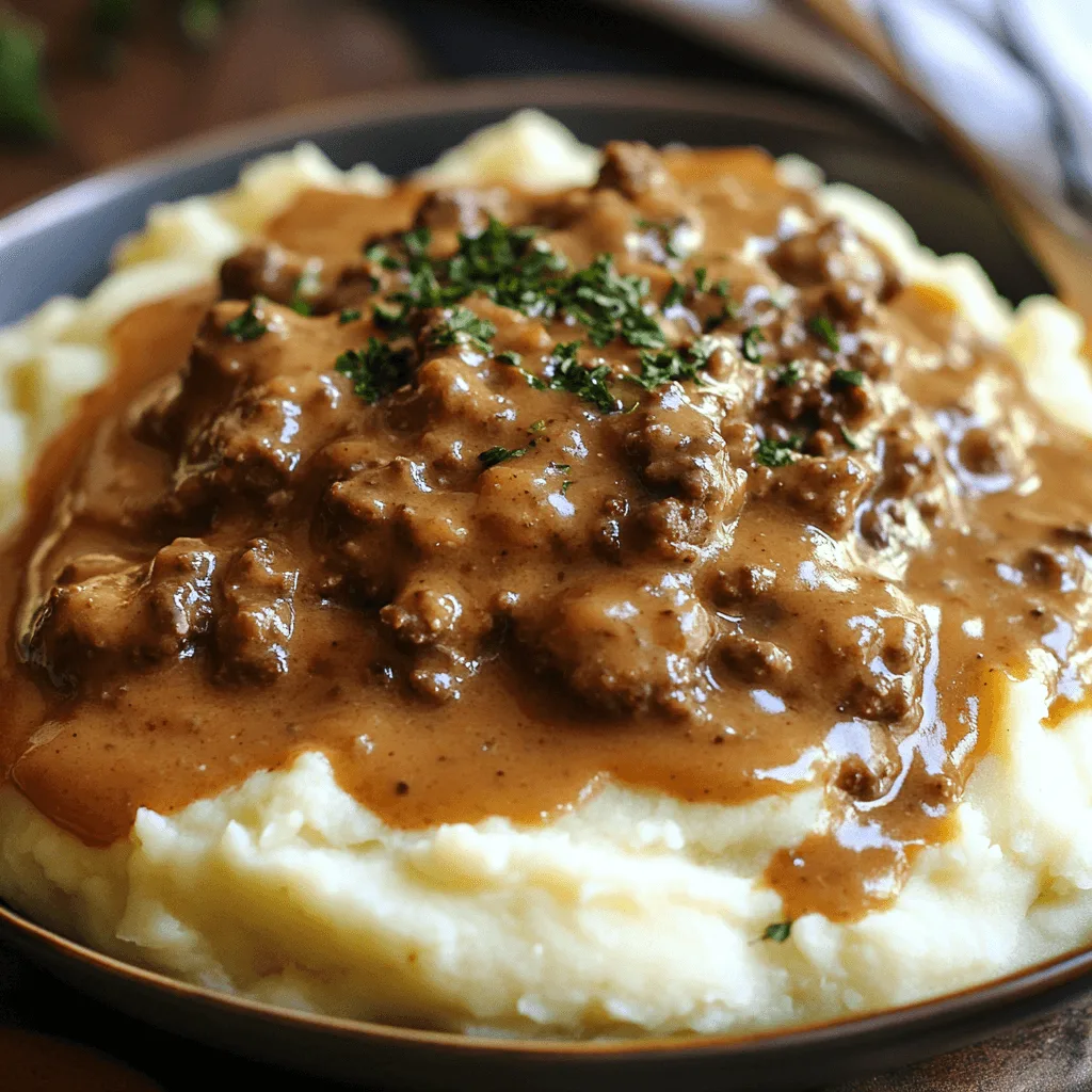 Creamy hamburger gravy with ground beef served over fluffy mashed potatoes, garnished with fresh parsley.