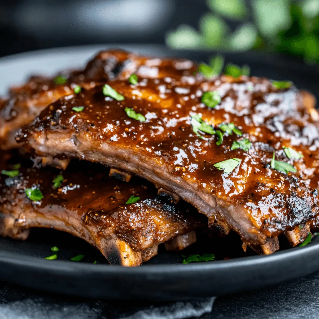 Juicy, smoky barbecue ribs cooked on a charcoal grill, glazed with a rich BBQ sauce and garnished with fresh herbs.