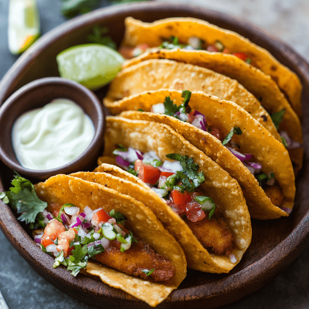Golden crispy tacos dorados filled with shredded chicken and topped with lettuce, salsa, sour cream, and queso fresco on a rustic plate.