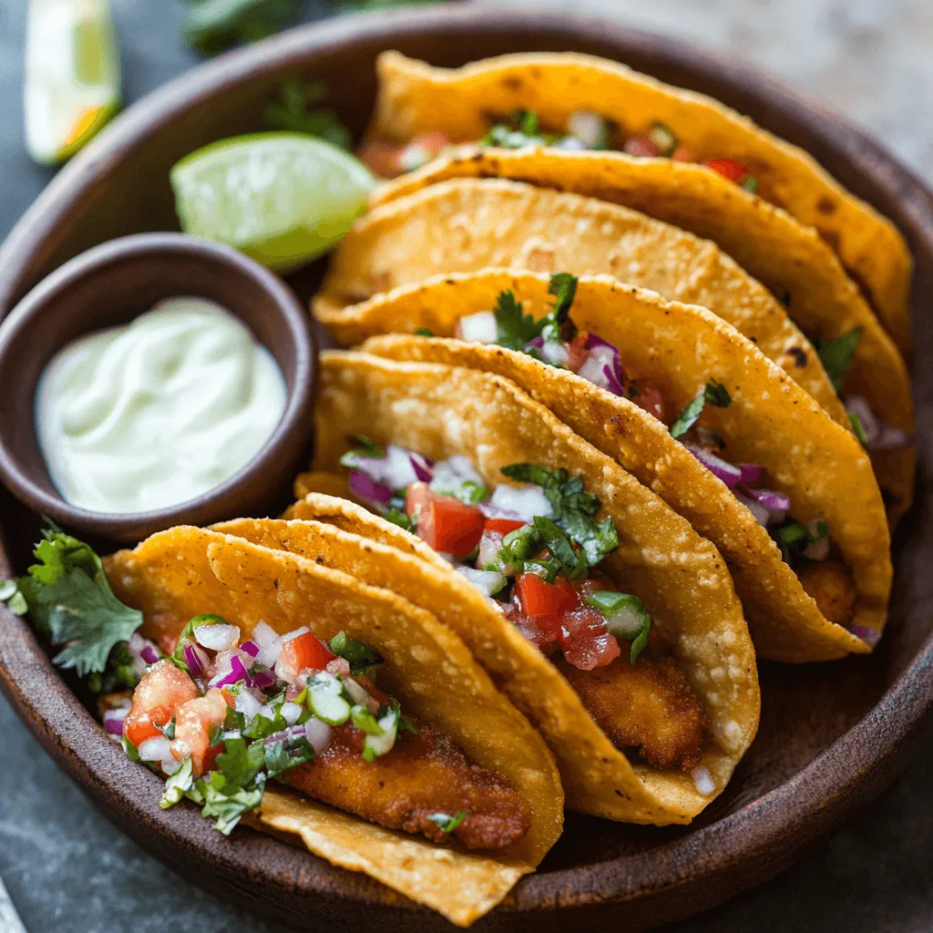 Golden crispy tacos dorados filled with shredded chicken and topped with lettuce, salsa, sour cream, and queso fresco on a rustic plate.