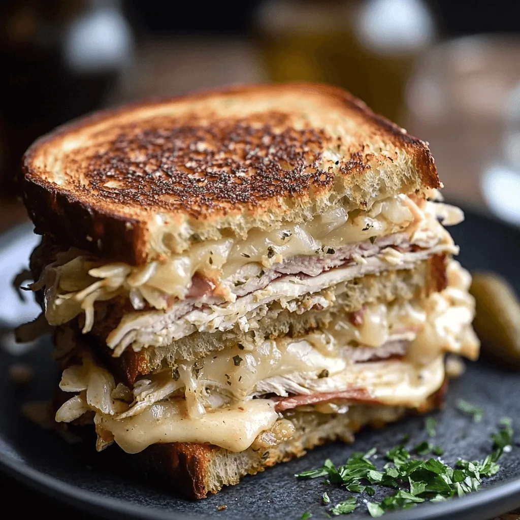 Grilled turkey Reuben sandwich with Swiss cheese, sauerkraut, and dressing on toasted rye bread