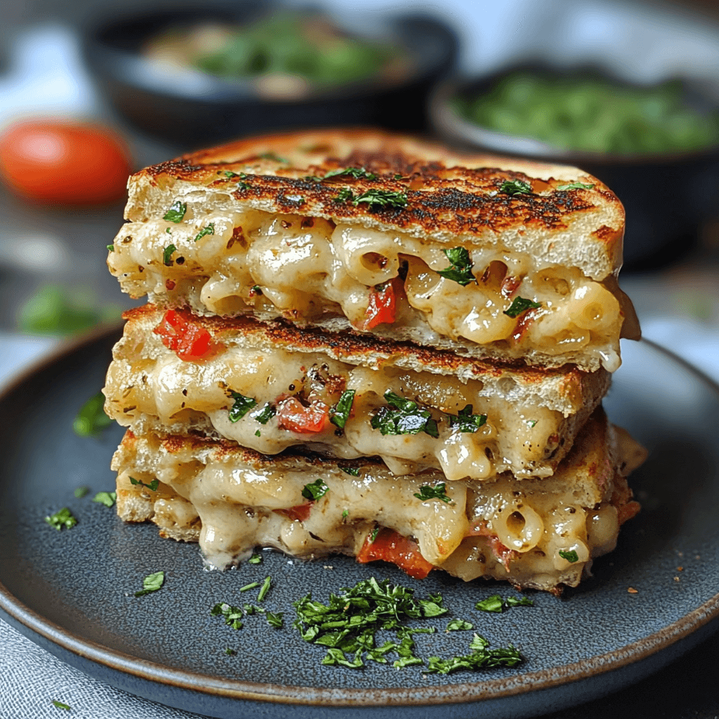 Golden grilled mac and cheese sandwich sliced in half, showing gooey melted cheese and creamy macaroni filling on toasted sourdough bread.