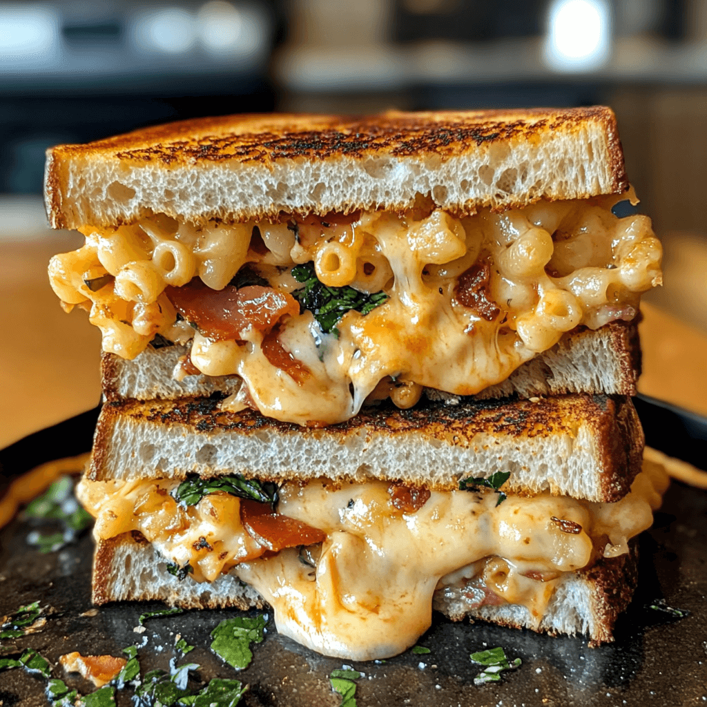 Golden grilled mac and cheese sandwich sliced in half, showing gooey melted cheese and creamy macaroni filling on toasted sourdough bread.