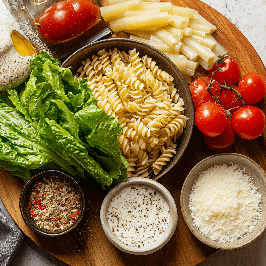 A fresh Caesar pasta salad with rotini pasta, romaine lettuce, Parmesan cheese, and creamy Caesar dressing.