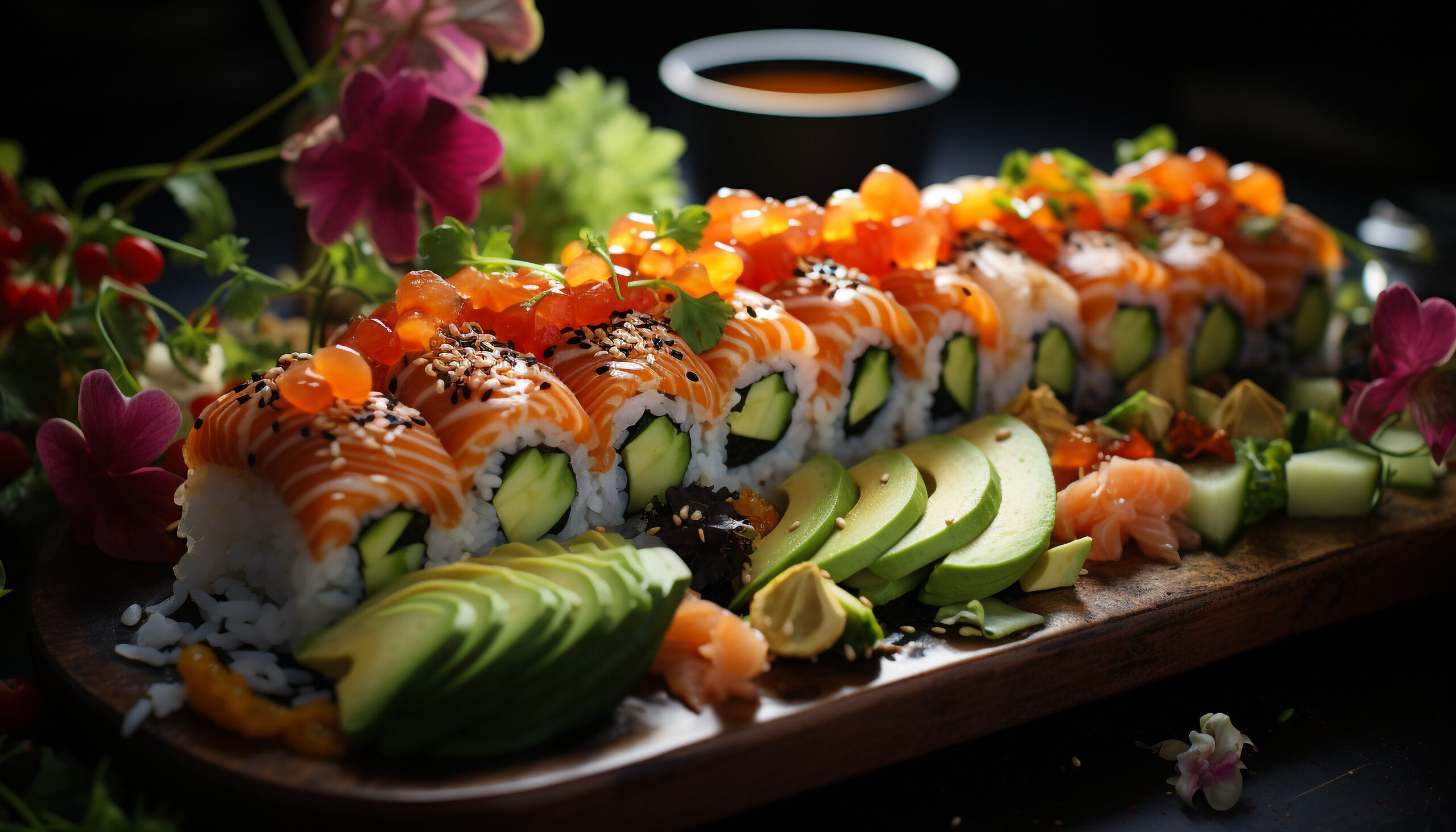 A beautifully plated dragon roll sushi with shrimp tempura, avocado slices, and a drizzle of eel sauce, garnished with sesame seeds and tobiko.