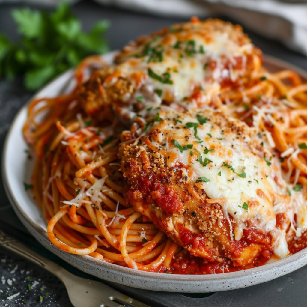 A plate of spaghetti and meatballs topped with marinara sauce, fresh basil, and grated Parmesan cheese, served on a rustic wooden table.