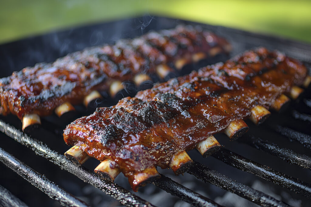 A platter of smoky, caramelized ribs cooked to perfection on a charcoal grill, paired with coleslaw and baked beans for a classic barbecue meal.