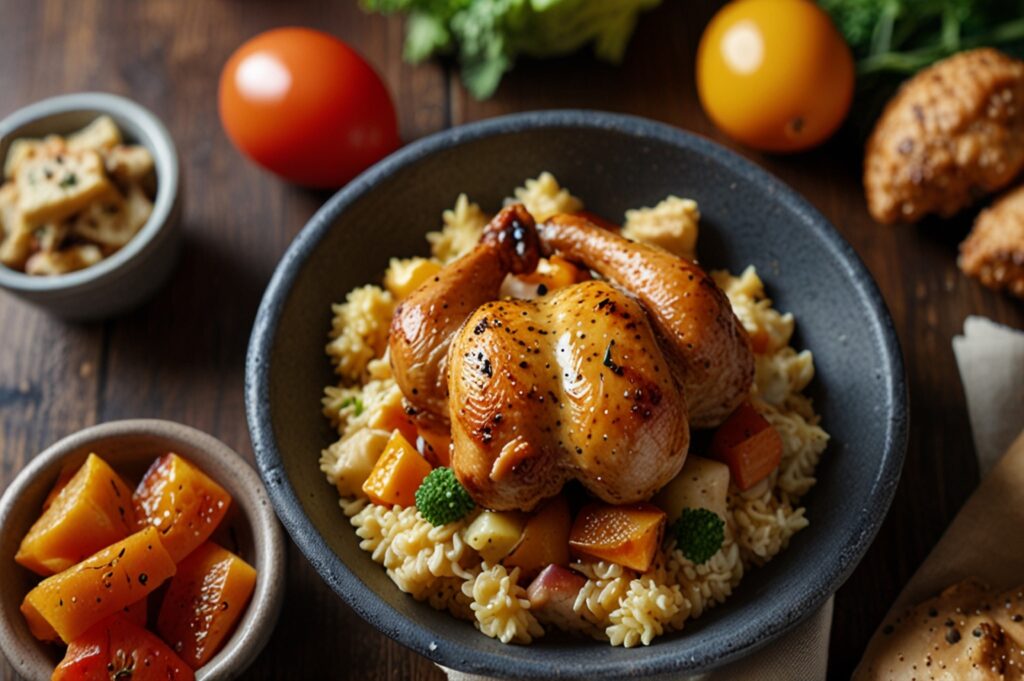 A golden roast chicken served with fluffy rice, garnished with fresh herbs and roasted vegetables.