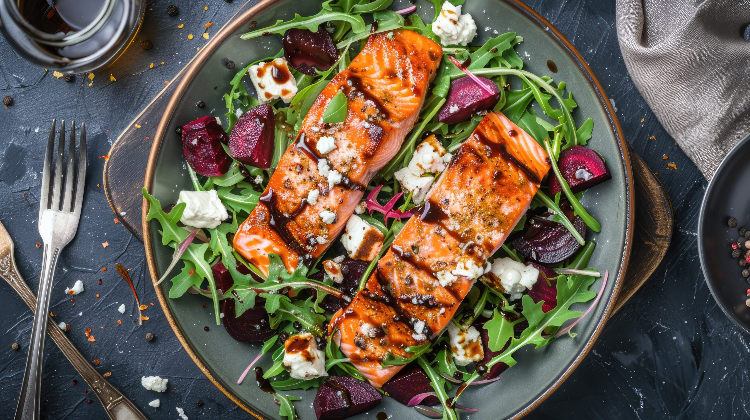 A vibrant grilled salmon salad featuring fresh greens, cherry tomatoes, cucumber, and avocado drizzled with lemon vinaigrette.