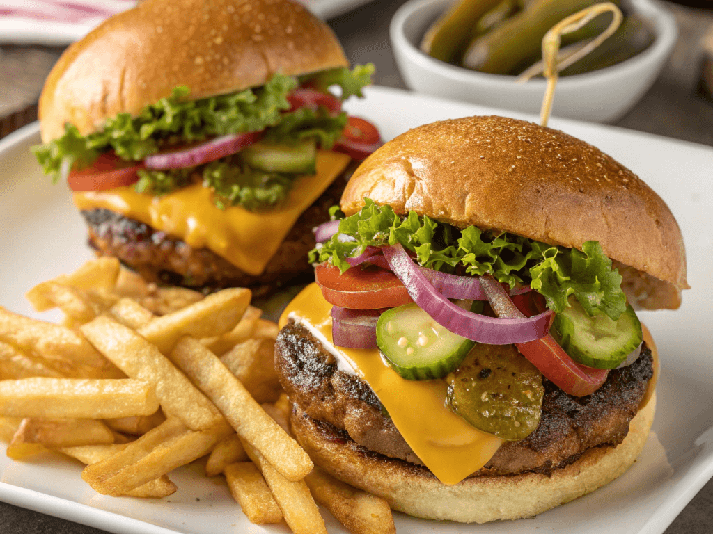 A juicy homemade hamburger with melted cheese, lettuce, tomato, and crispy golden fries on a wooden plate.
